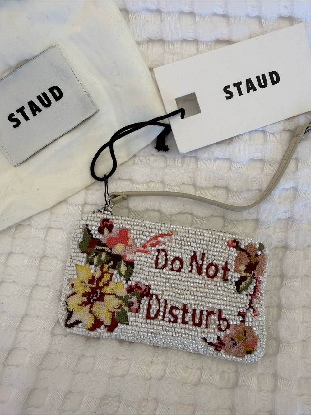 STAUD Sold Out NWT Small White Beaded Wristlet/Wallet w Floral Accents Brand